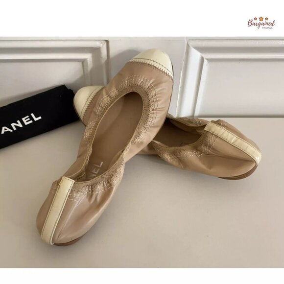 Authentic CHANEL Taupe Leather White Patent Leather Cap Toe Ballet Flats 7.5 - Picture 14 of 14
